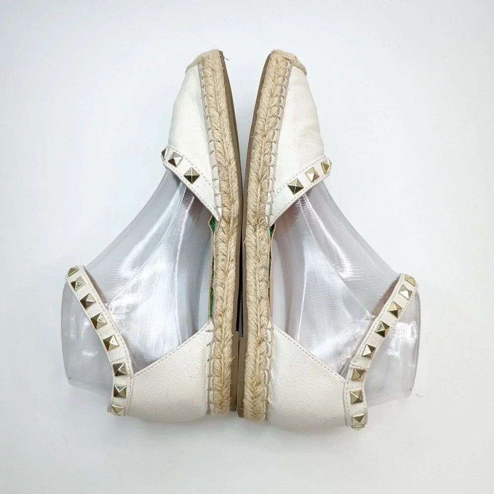 Marc Fisher Womens 7.5 M White Studded Espadrille Flats Ankle Strap Shoe